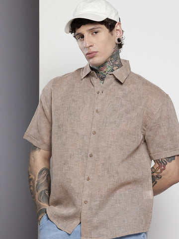 Men's Brown Relaxed Fit Textured Resort Wear Shirt
