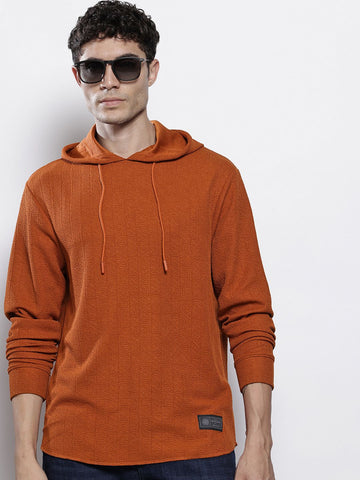 Men's Rust Regular Fit Textured Hooded T-Shirt