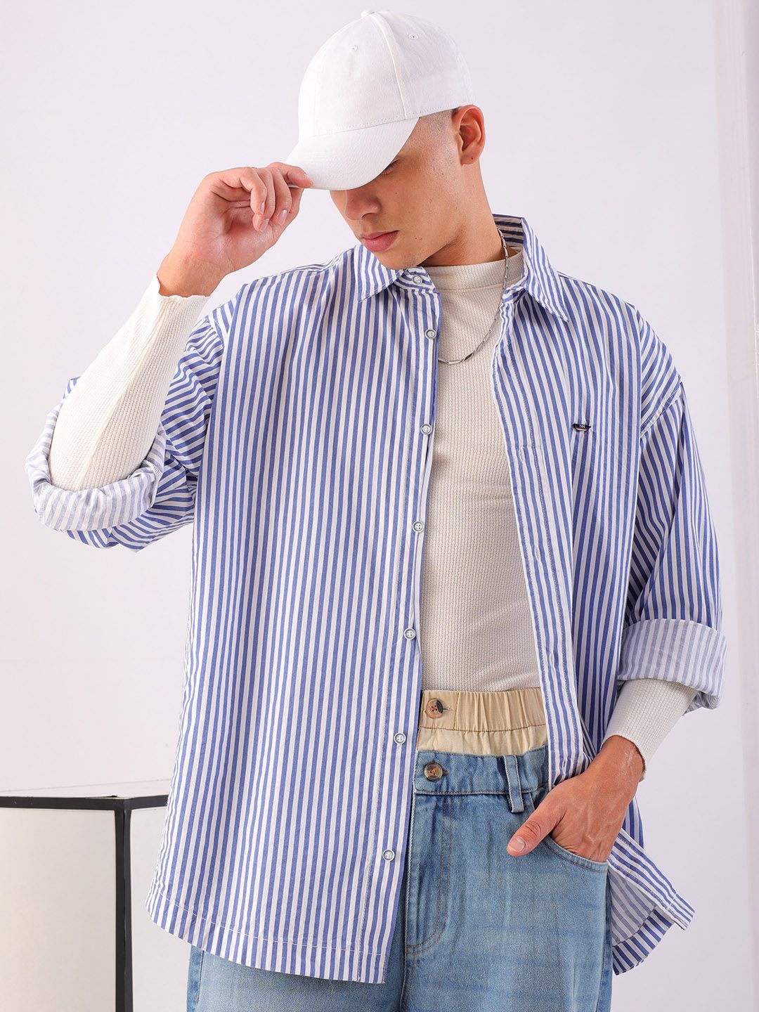 Men's Blue Sleeves Oversized Fit White Shirt