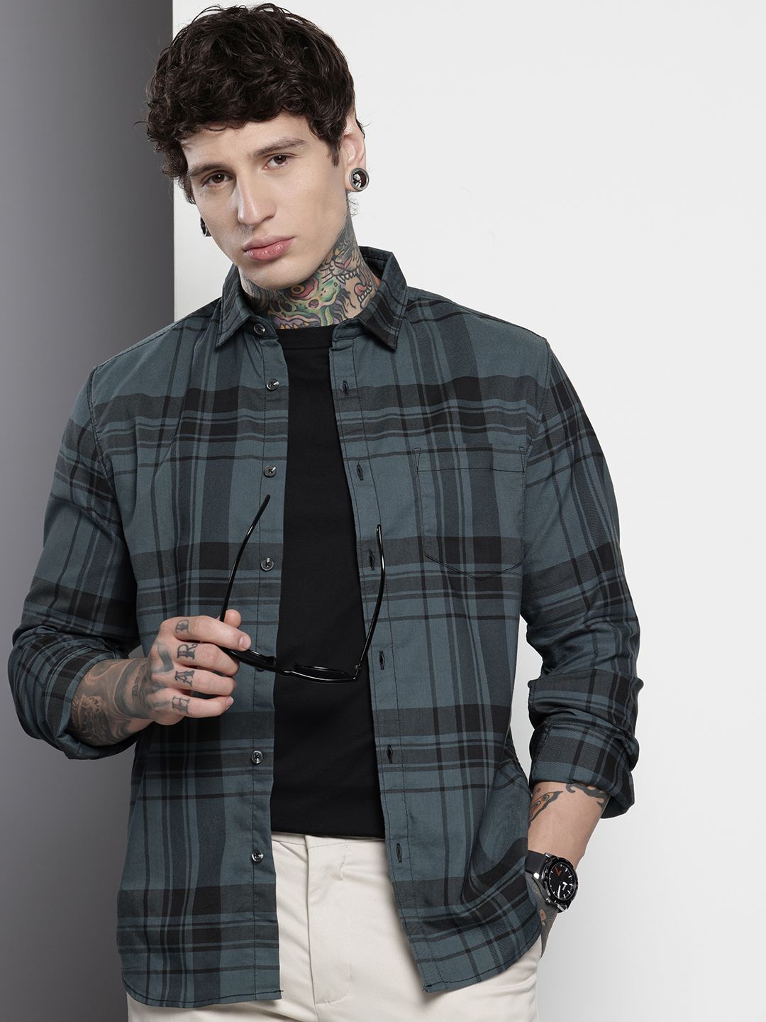 Men's Teal Slim Fit Checked Casual Shirt