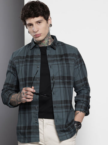 Men's Teal Slim Fit Checked Casual Shirt