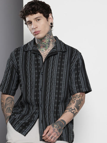 Men's Black Relaxed Fit Striped Resort Wear Shirt
