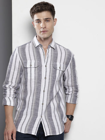 Men's Black Slim Fit Striped Casual Shirt