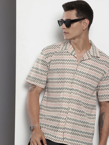 Men's Beige Relaxed Fit Printed Resort Wear Shirt