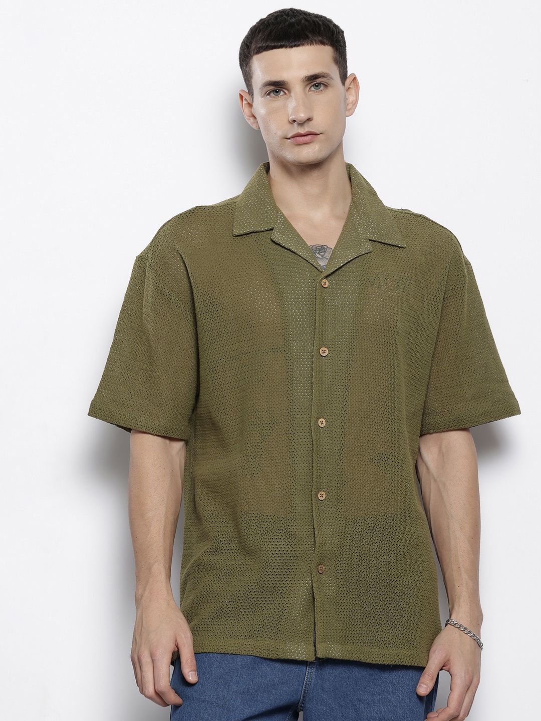 Men's Olive Relaxed Fit Textured Resort Wear Shirt