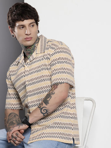 Men's Beige Relaxed Fit Printed Resort Wear Shirt