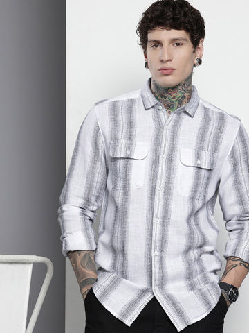 Men's White Slim Fit Striped Casual Shirt