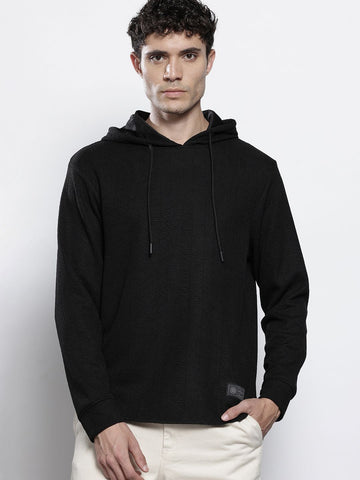 Men's Black Regular Fit Textured Hooded T-Shirt
