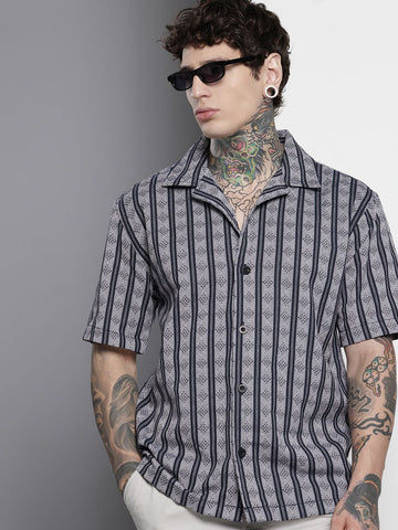 Men's Blue Relaxed Fit Striped Resort Wear Shirt