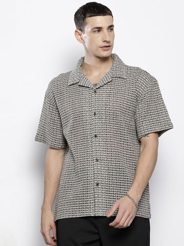 Men's Black Relaxed Fit Textured Resort Wear Shirt