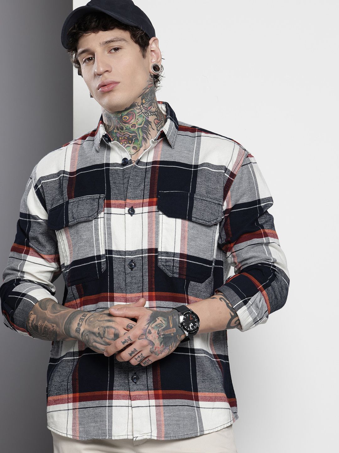 Men's Navy Blue Regular Fit Checked Casual Overshirt