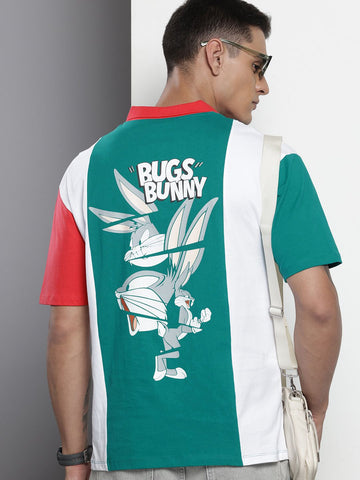 Men's Green Boxy Fit Character Bugs Bunny Printed Polo Collar T-Shirt