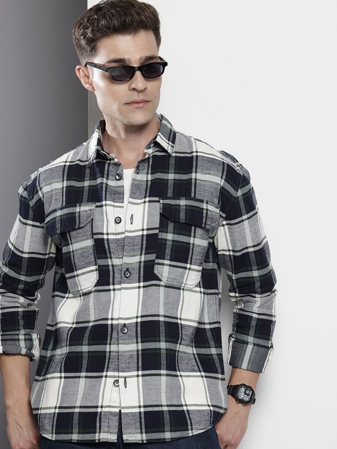 Men's Navy Blue Regular Fit Checked Casual Overshirt