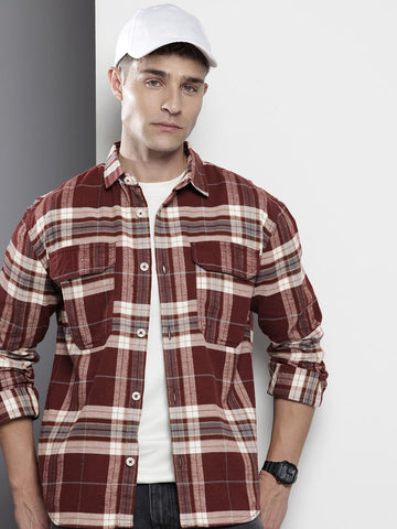 Men's Maroon Regular Fit Checked Casual Shirt