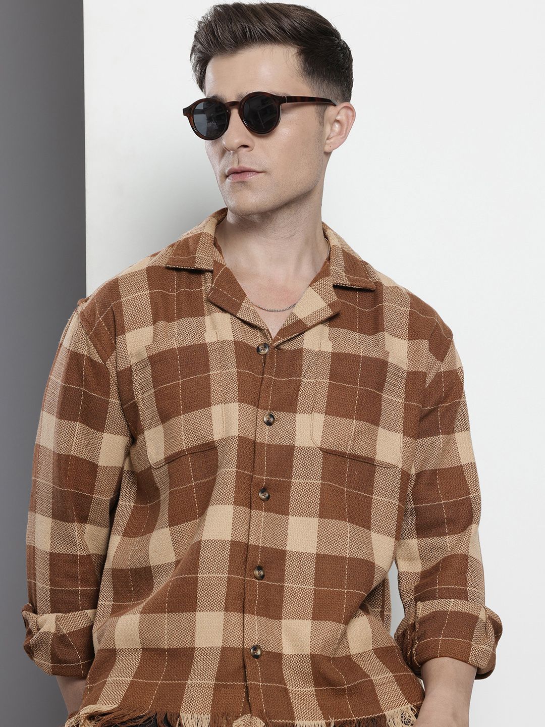 Men's Brown Relaxed Fit Checked Bohemian Shirt