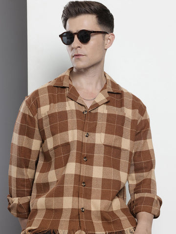Men's Brown Relaxed Fit Checked Bohemian Shirt
