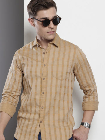 Men's Khaki Slim Fit Checked Casual Shirt
