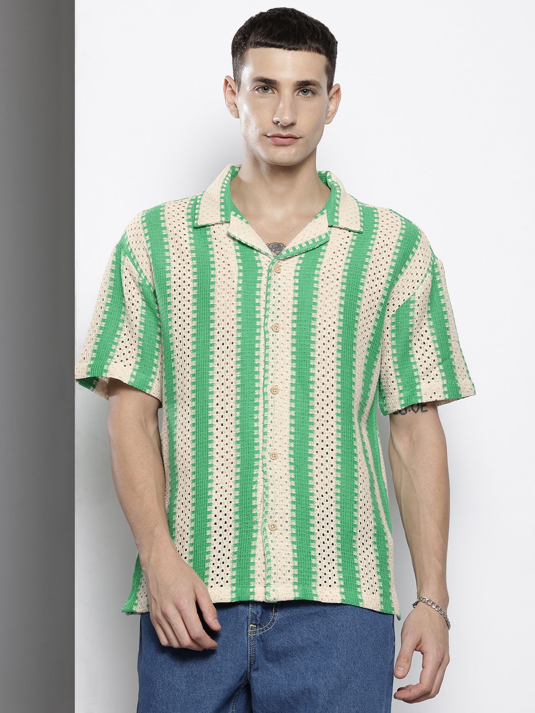 Men's Green Relaxed Fit Textured Resort Wear Shirt