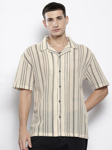 Men's Off White Relaxed Fit Textured Resort Wear Shirt