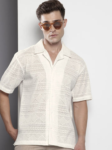 Men's White Relaxed Fit Textured Textured Shirt