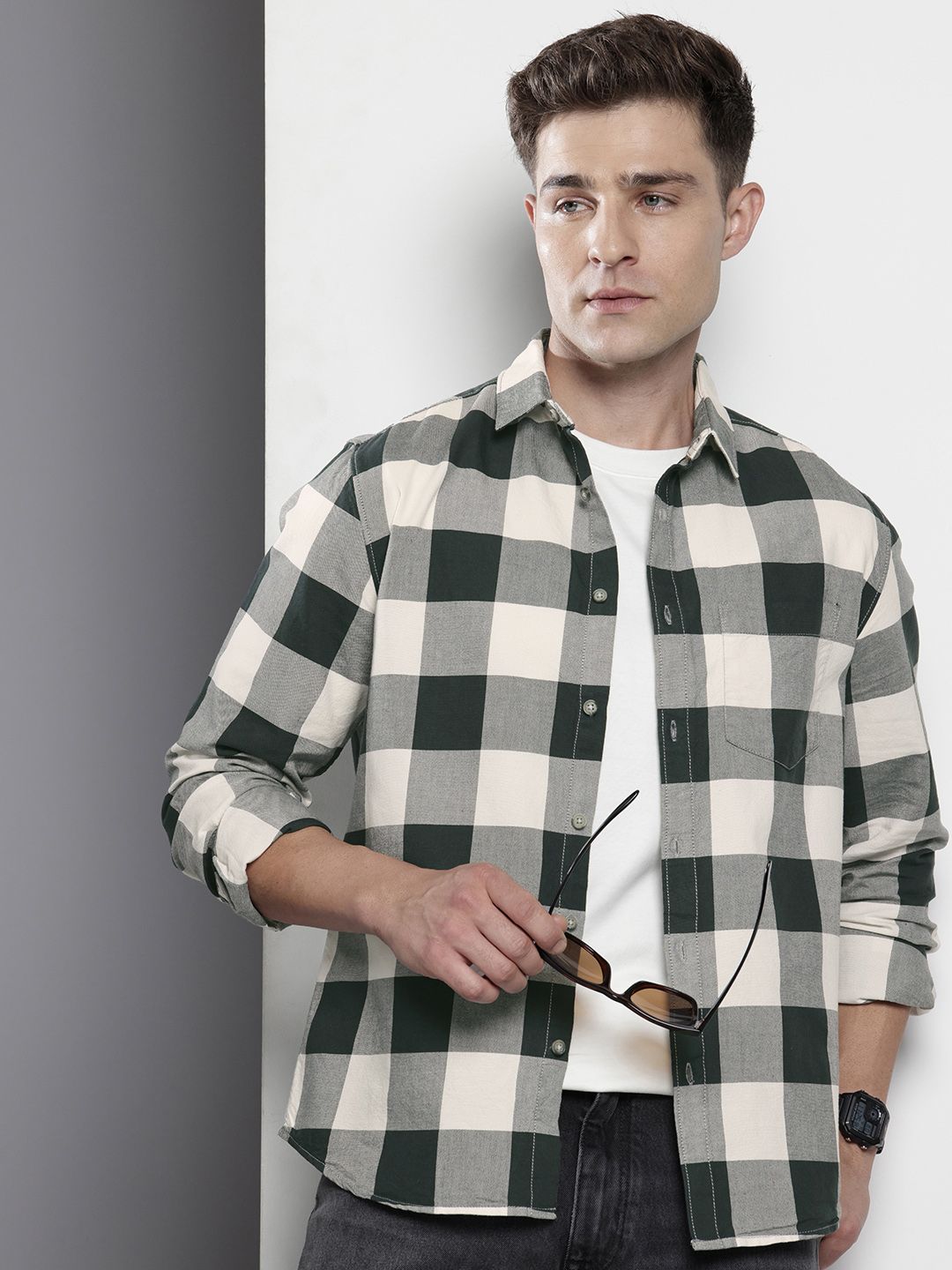 Men's Green Slim Fit Checked Casual Shirt