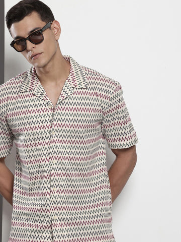 Men's Beige Relaxed Fit Printed Resort Wear Shirt