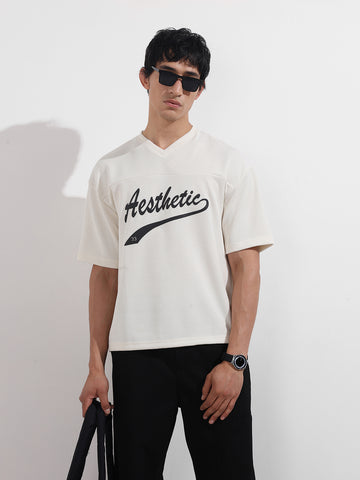 Men's White Boxy Fit Textured Casual T-Shirt