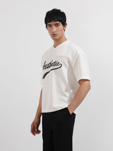 Men's White Boxy Fit Textured Casual T-Shirt