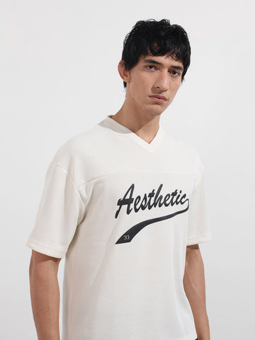 Men's White Boxy Fit Textured Casual T-Shirt