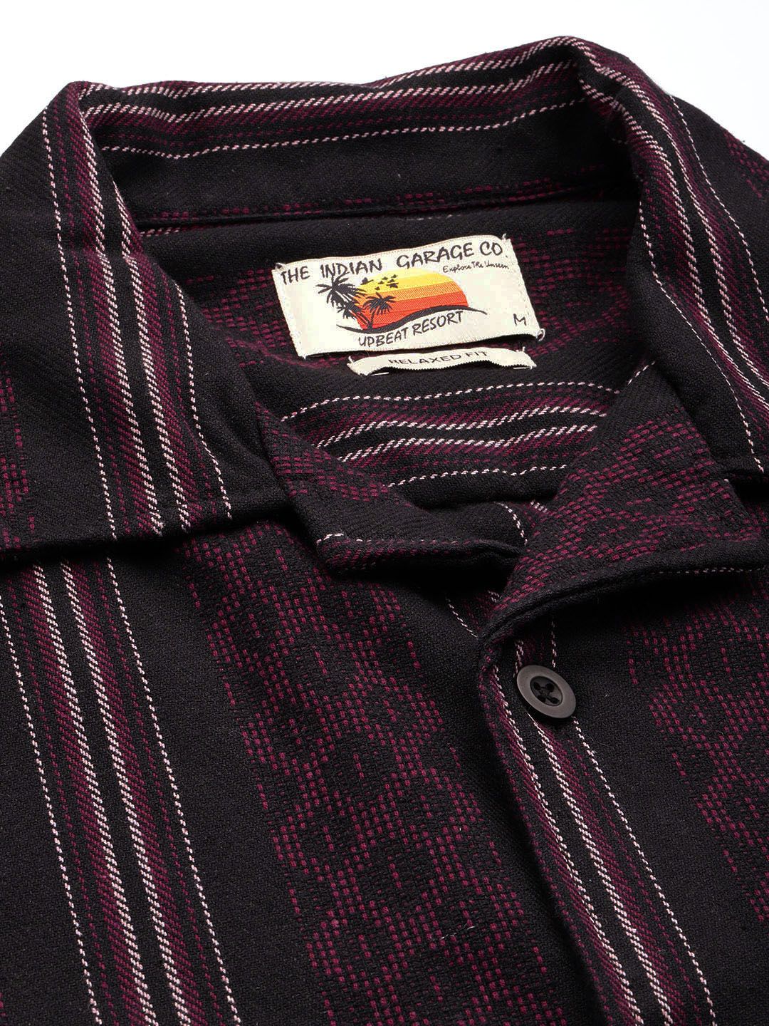 Men's Black Relaxed Fit Striped Resort Wear Shirt