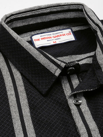 Men's Black Relaxed Fit Striped Resort Wear Shirt