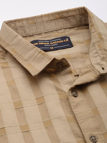 Men's Khaki Slim Fit Checked Casual Shirt