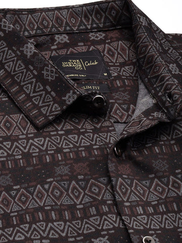 Men's Black Slim Fit Printed Party Wear Shirt