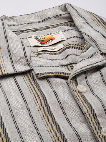 Men's Grey Relaxed Fit Striped Resort Wear Shirt