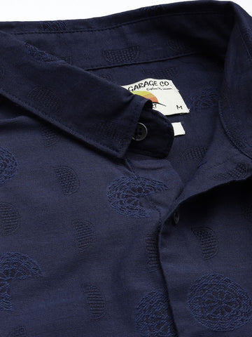 Men's Navy Blue Regular Fit Textured Textured Shirt