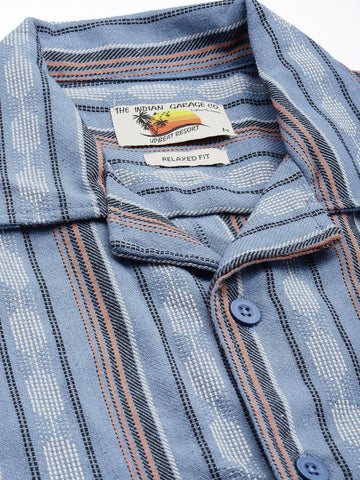 Men's Blue Relaxed Fit Striped Resort Wear Shirt
