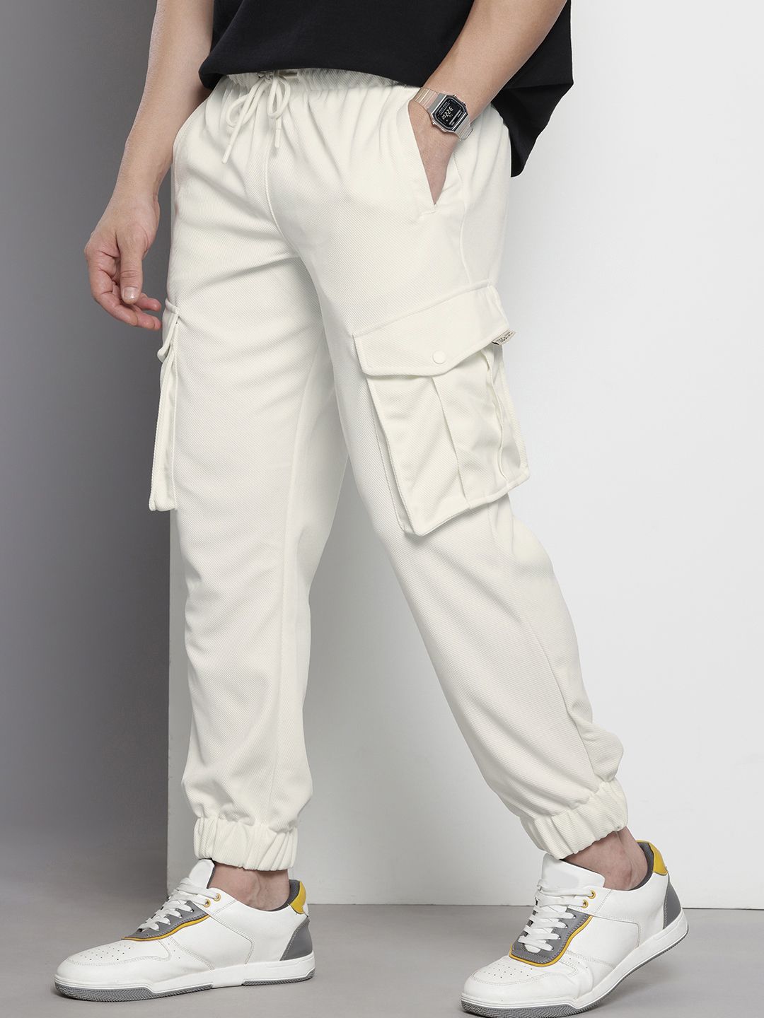 Men's White Relaxed Fit Textured Cargo Joggers