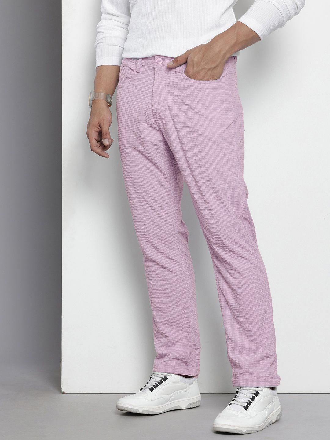 Men's Purple Straight Fit Textured Trousers