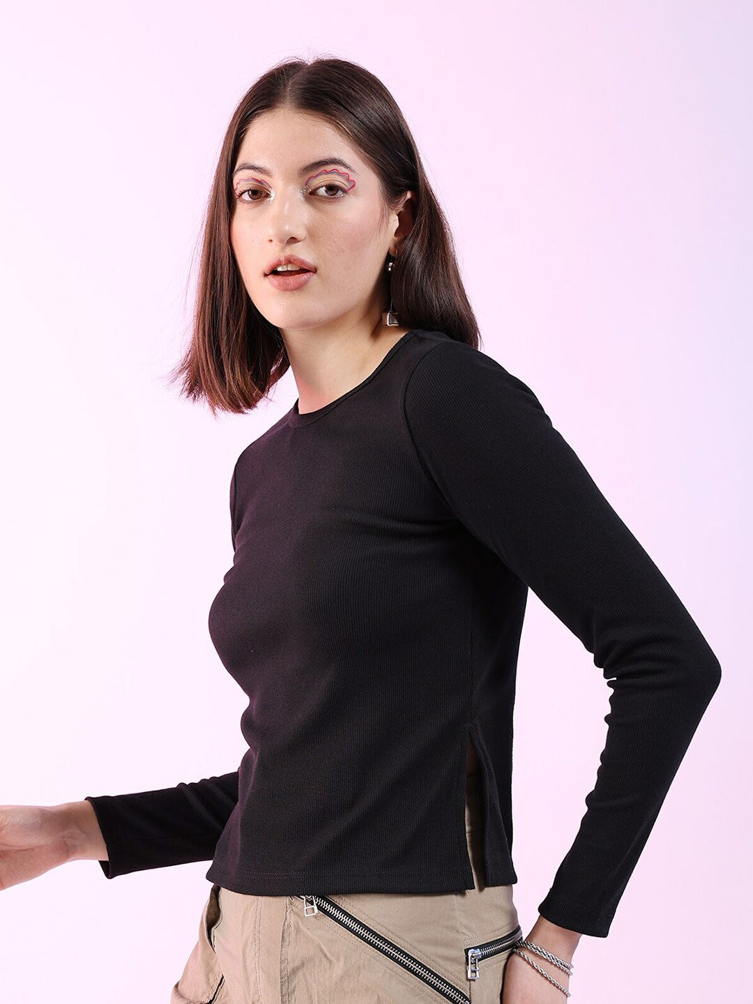 Shop Women Fitted Full Sleeve Rib Top Online.