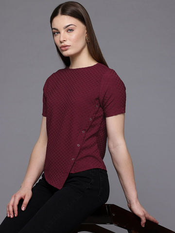 Freehand Maroon The Indian Garage Co Women Regular Fit Textured Asymmetric Top