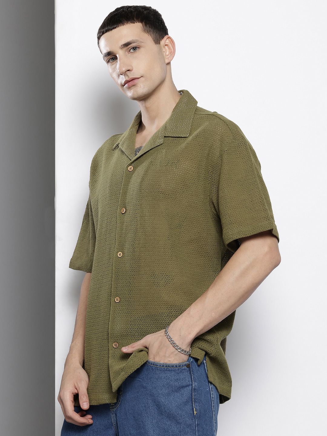Men's Olive Relaxed Fit Textured Resort Wear Shirt