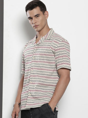Men's Beige Relaxed Fit Printed Resort Wear Shirt