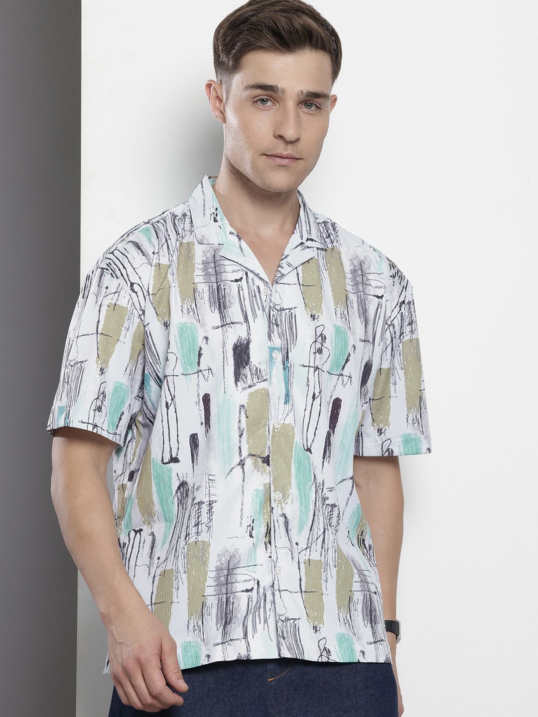 Men's White Relaxed Fit Printed Resort Wear Shirt