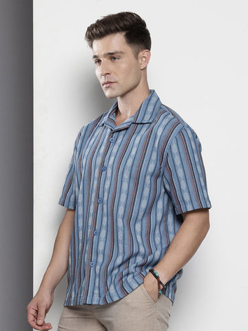 Men's Blue Relaxed Fit Striped Resort Wear Shirt