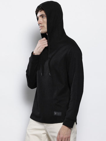Men's Black Regular Fit Textured Hooded T-Shirt