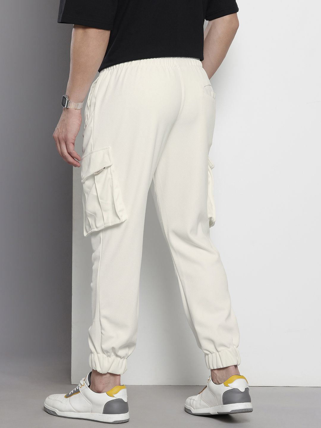 Men's White Relaxed Fit Textured Cargo Joggers