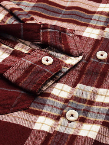 Men's Maroon Regular Fit Checked Casual Shirt