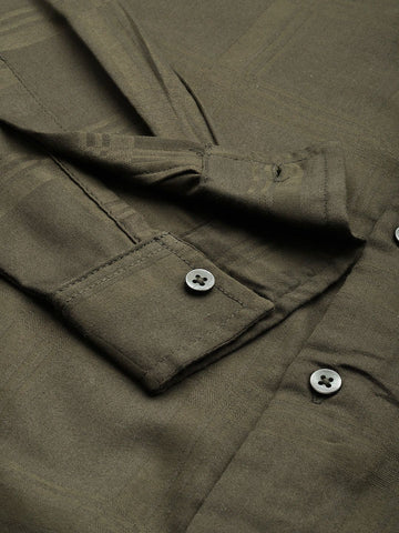 Men's Olive Slim Fit Textured Party Wear Shirt
