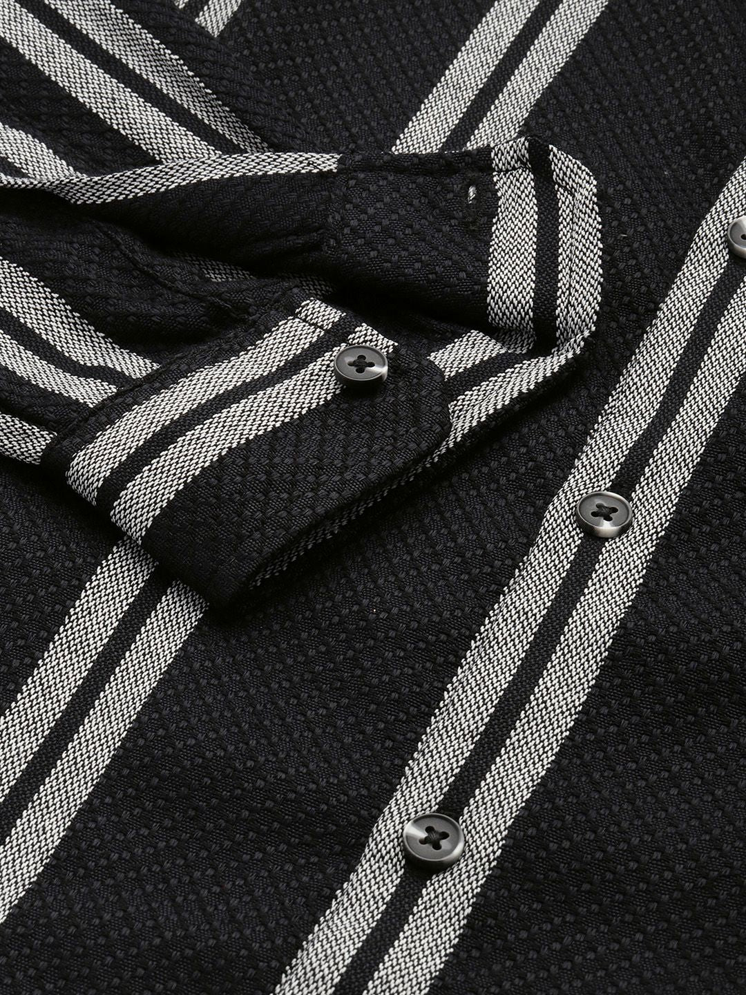 Men's Black Relaxed Fit Striped Resort Wear Shirt