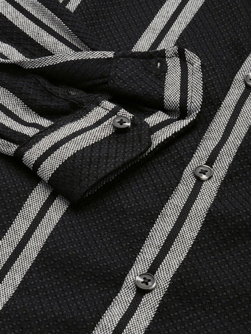 Men's Black Relaxed Fit Striped Resort Wear Shirt